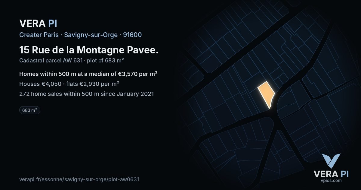15 Rue de la Montagne Pavee, Savigny-sur-Orge at night – the plot lit, the parcels around coloured by the prices near them