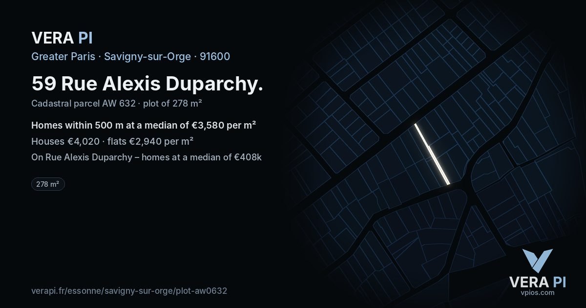 59 Rue Alexis Duparchy, Savigny-sur-Orge at night – the plot lit, the parcels around coloured by the prices near them