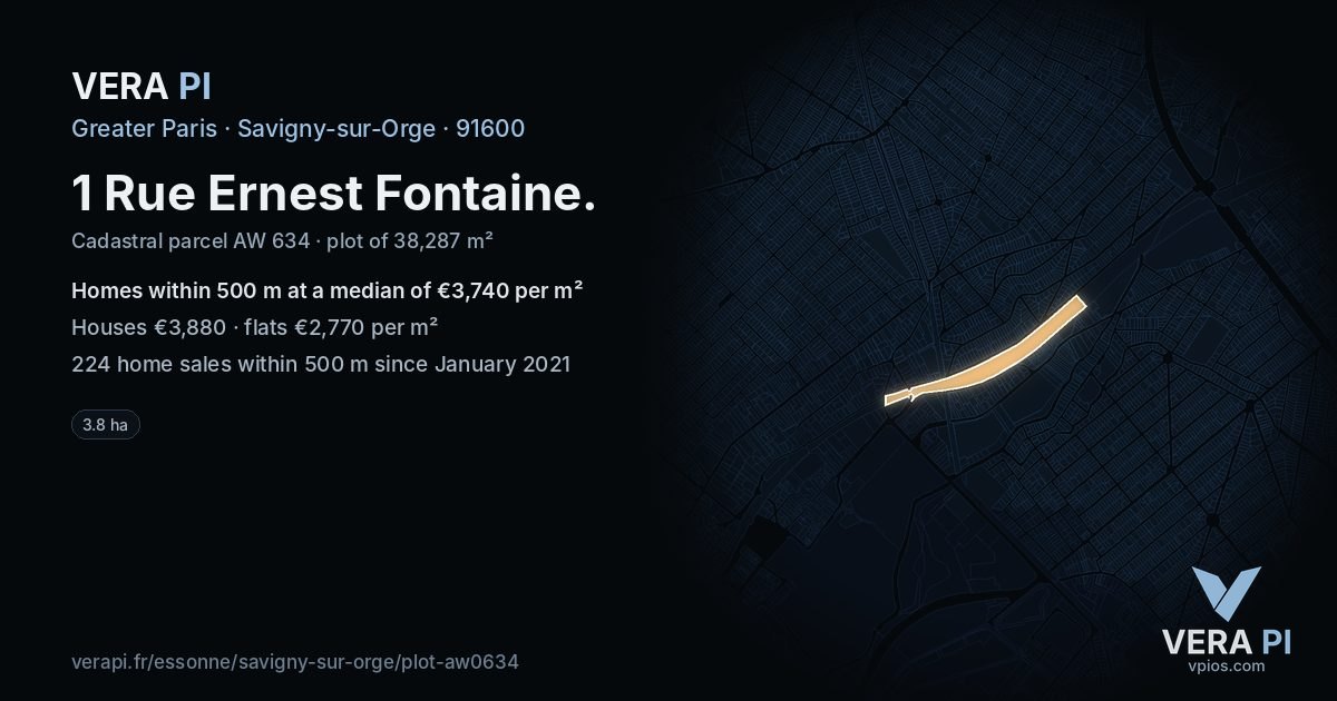1 Rue Ernest Fontaine, Savigny-sur-Orge at night – the plot lit, the parcels around coloured by the prices near them