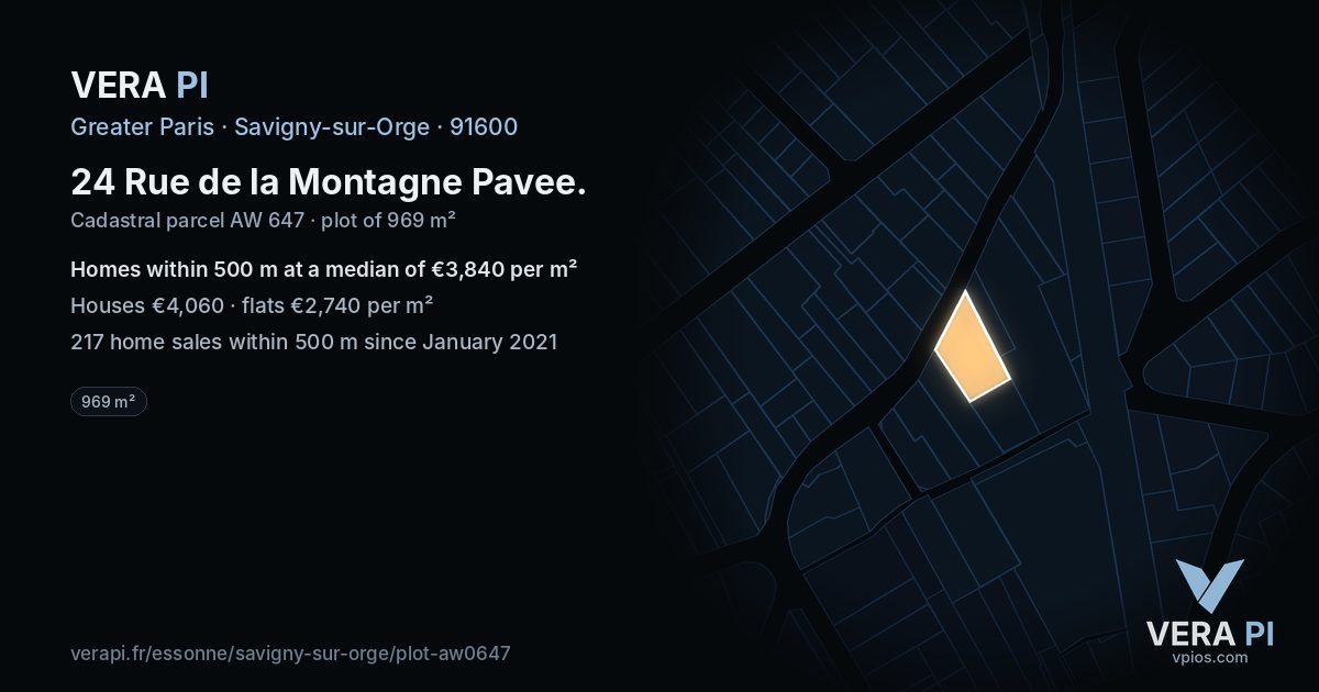 24 Rue de la Montagne Pavee, Savigny-sur-Orge at night – the plot lit, the parcels around coloured by the prices near them