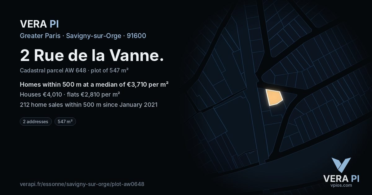 2 Rue de la Vanne, Savigny-sur-Orge at night – the plot lit, the parcels around coloured by the prices near them