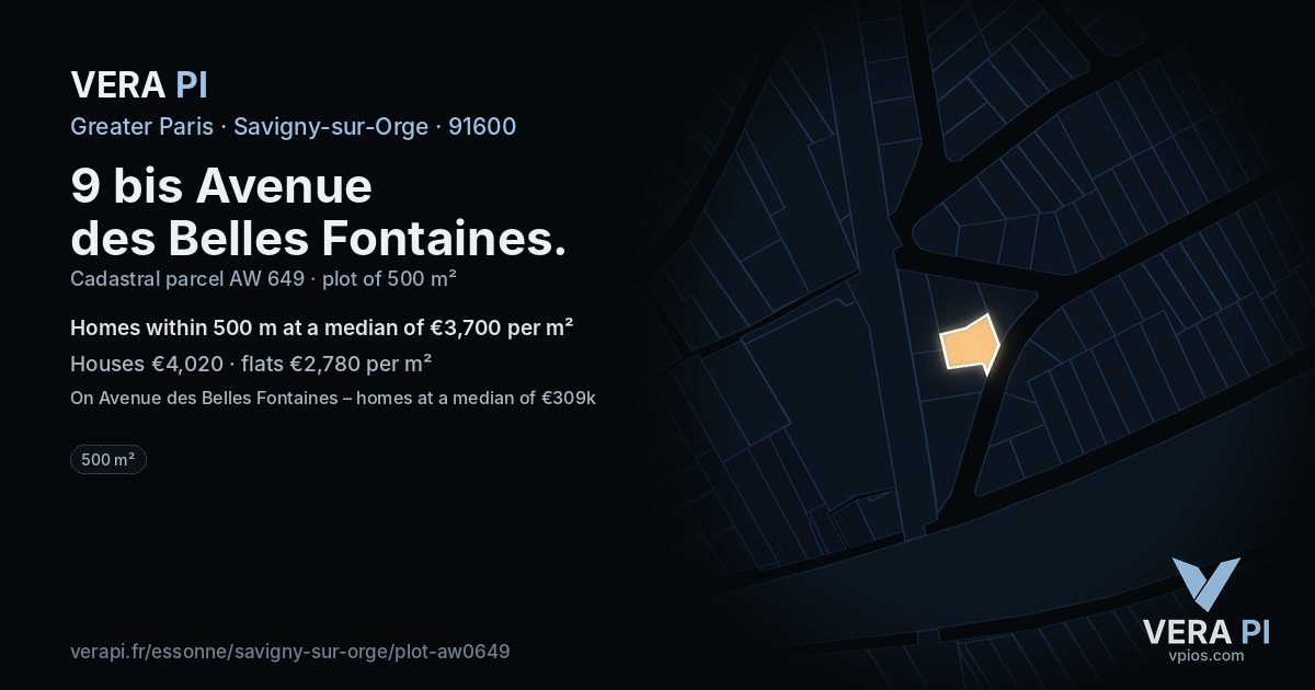 9 bis Avenue des Belles Fontaines, Savigny-sur-Orge at night – the plot lit, the parcels around coloured by the prices near them
