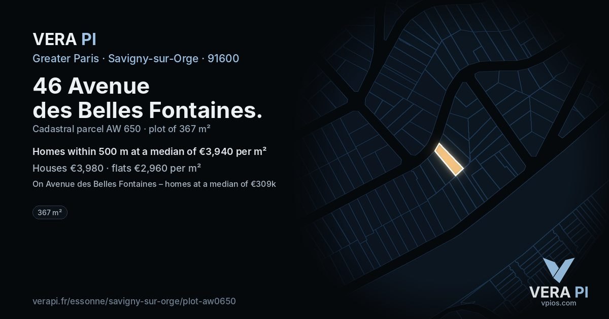 46 Avenue des Belles Fontaines, Savigny-sur-Orge at night – the plot lit, the parcels around coloured by the prices near them