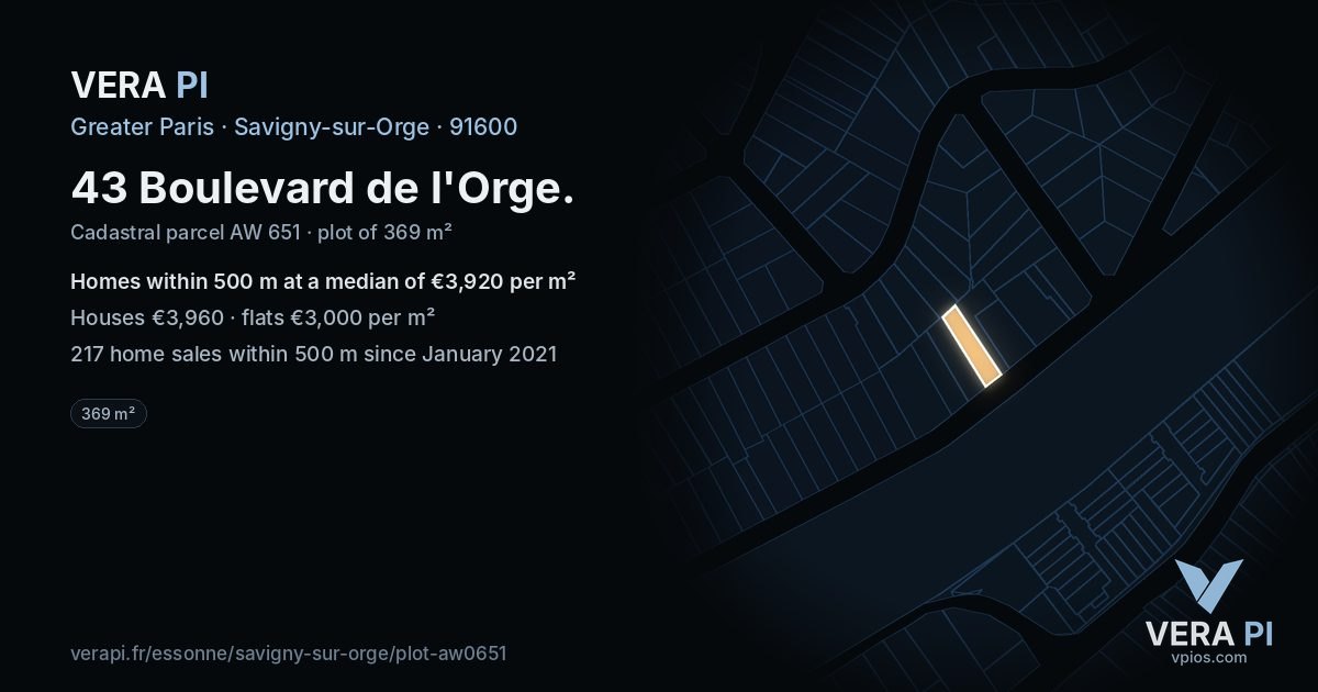 43 Boulevard de l'Orge, Savigny-sur-Orge at night – the plot lit, the parcels around coloured by the prices near them