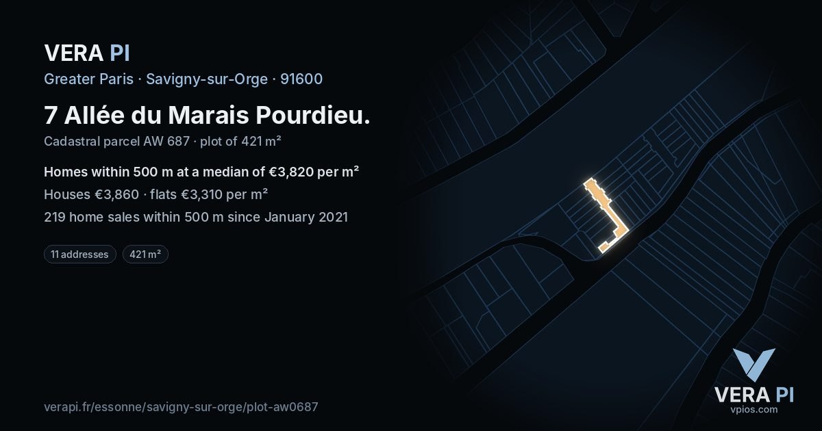 7 Allée du Marais Pourdieu, Savigny-sur-Orge at night – the plot lit, the parcels around coloured by the prices near them