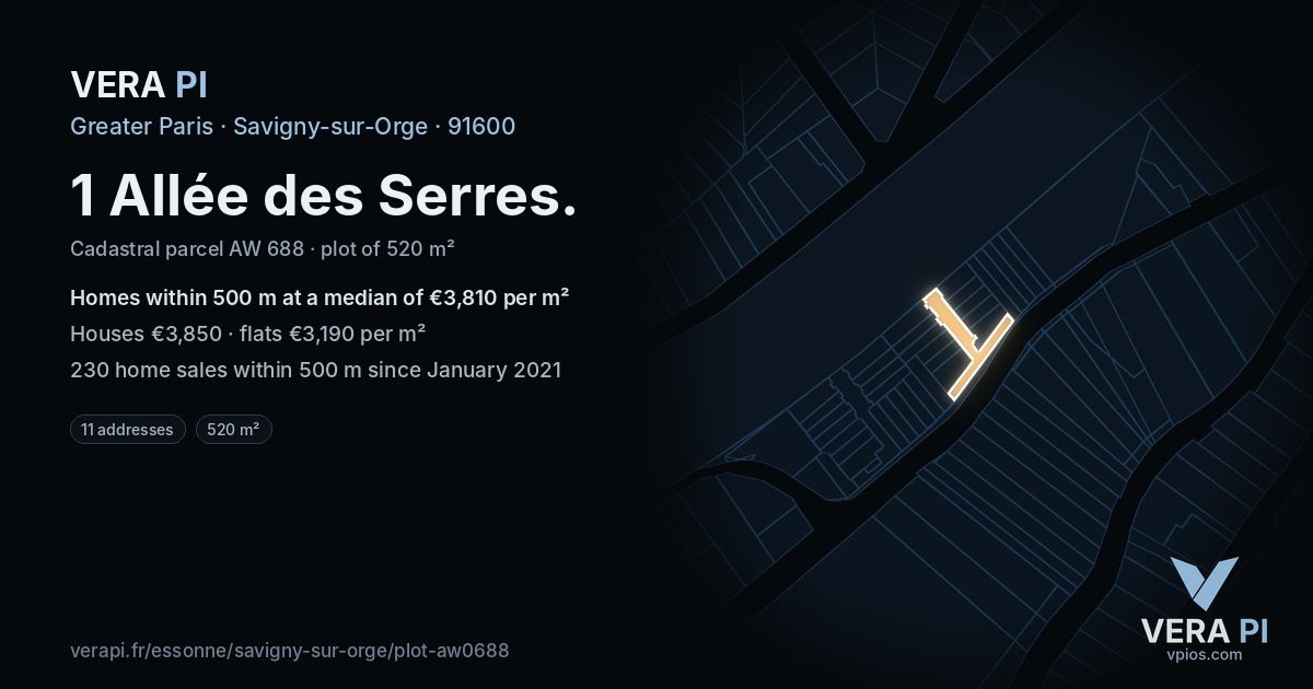 1 Allée des Serres, Savigny-sur-Orge at night – the plot lit, the parcels around coloured by the prices near them