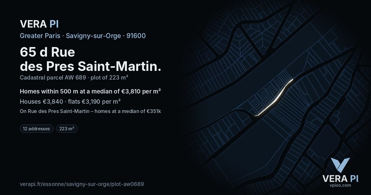 65 d Rue des Pres Saint-Martin, Savigny-sur-Orge at night – the plot lit, the parcels around coloured by the prices near them