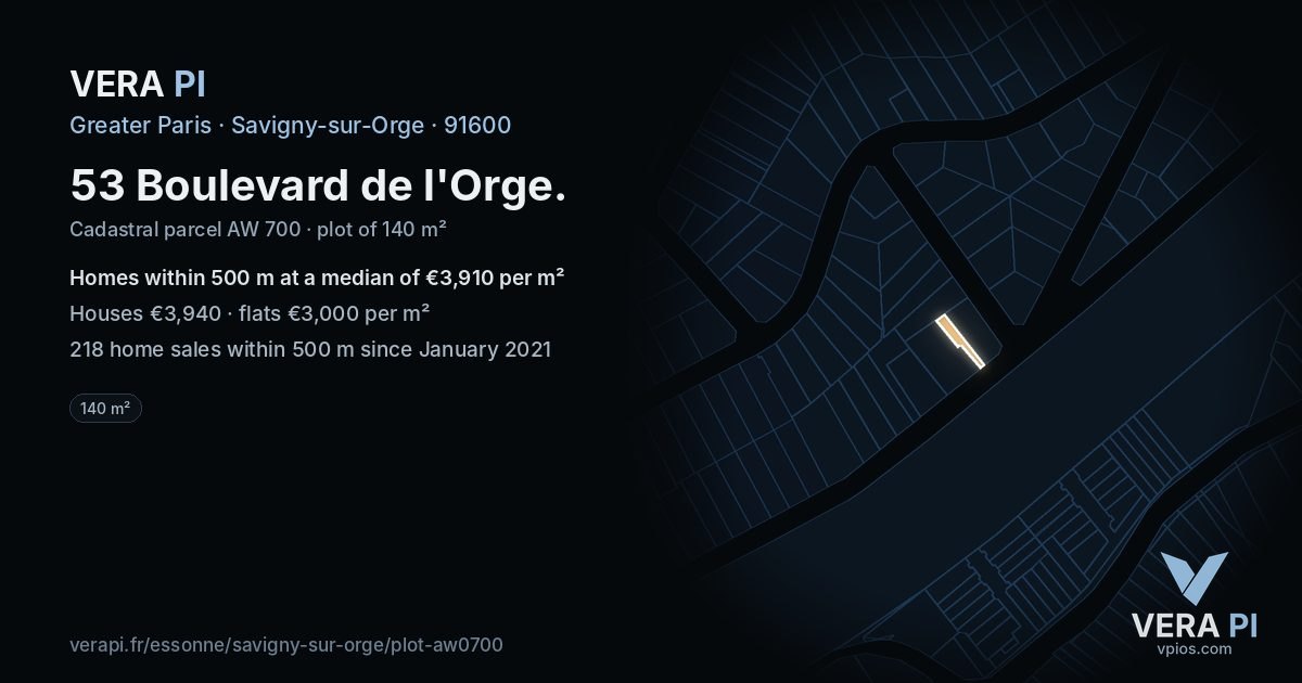 53 Boulevard de l'Orge, Savigny-sur-Orge at night – the plot lit, the parcels around coloured by the prices near them