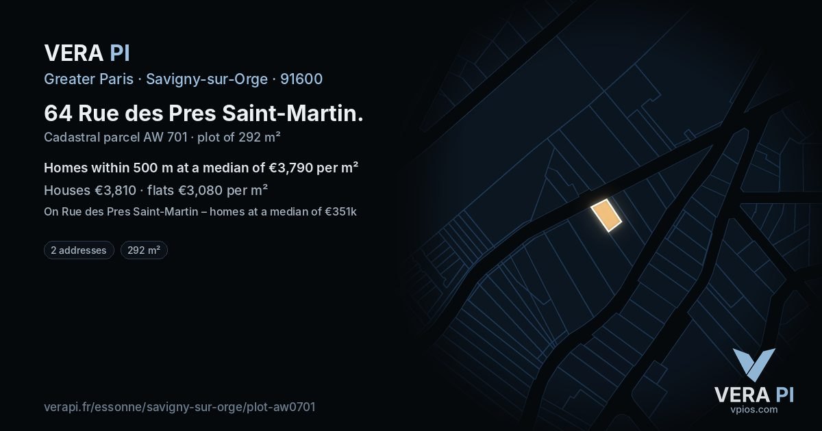 64 Rue des Pres Saint-Martin, Savigny-sur-Orge at night – the plot lit, the parcels around coloured by the prices near them