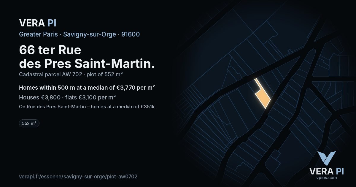 66 ter Rue des Pres Saint-Martin, Savigny-sur-Orge at night – the plot lit, the parcels around coloured by the prices near them