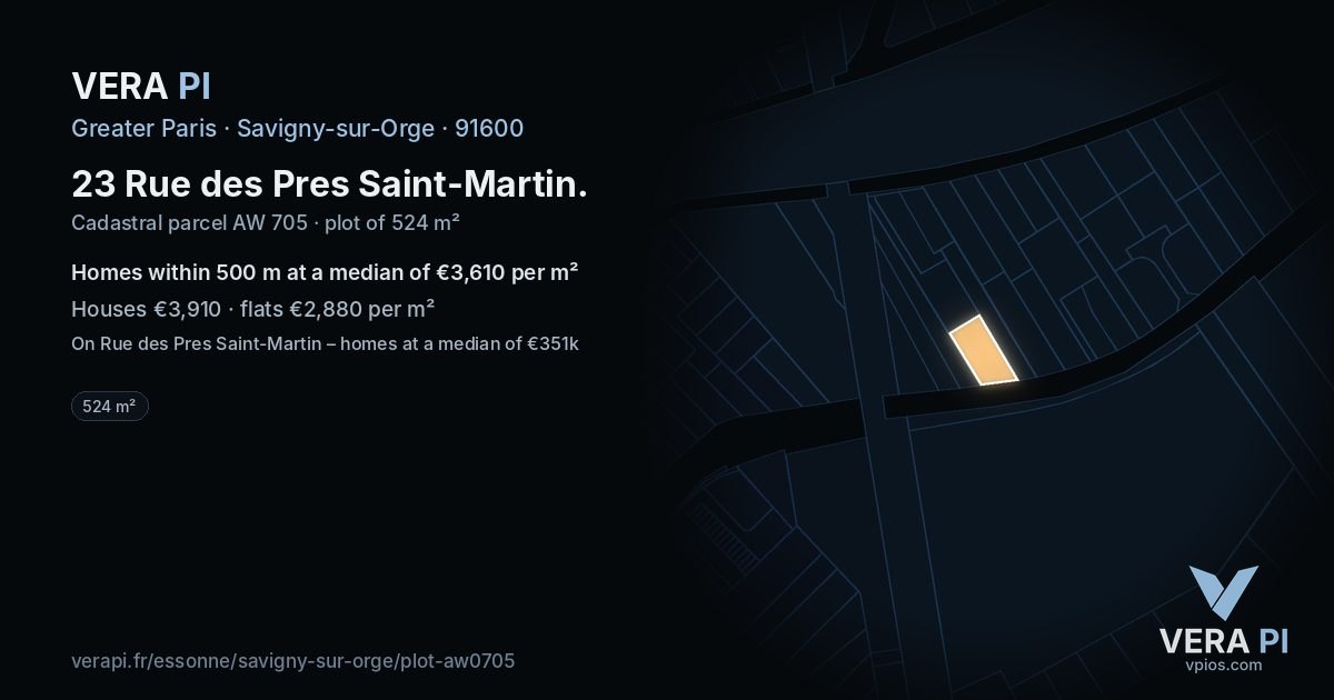 23 Rue des Pres Saint-Martin, Savigny-sur-Orge at night – the plot lit, the parcels around coloured by the prices near them