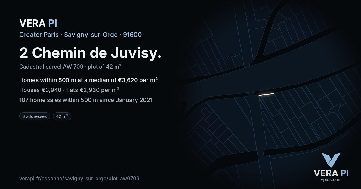 2 Chemin de Juvisy, Savigny-sur-Orge at night – the plot lit, the parcels around coloured by the prices near them