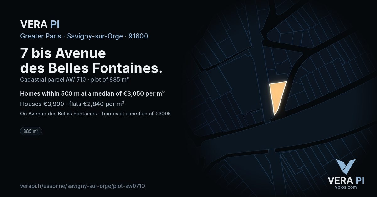 7 bis Avenue des Belles Fontaines, Savigny-sur-Orge at night – the plot lit, the parcels around coloured by the prices near them