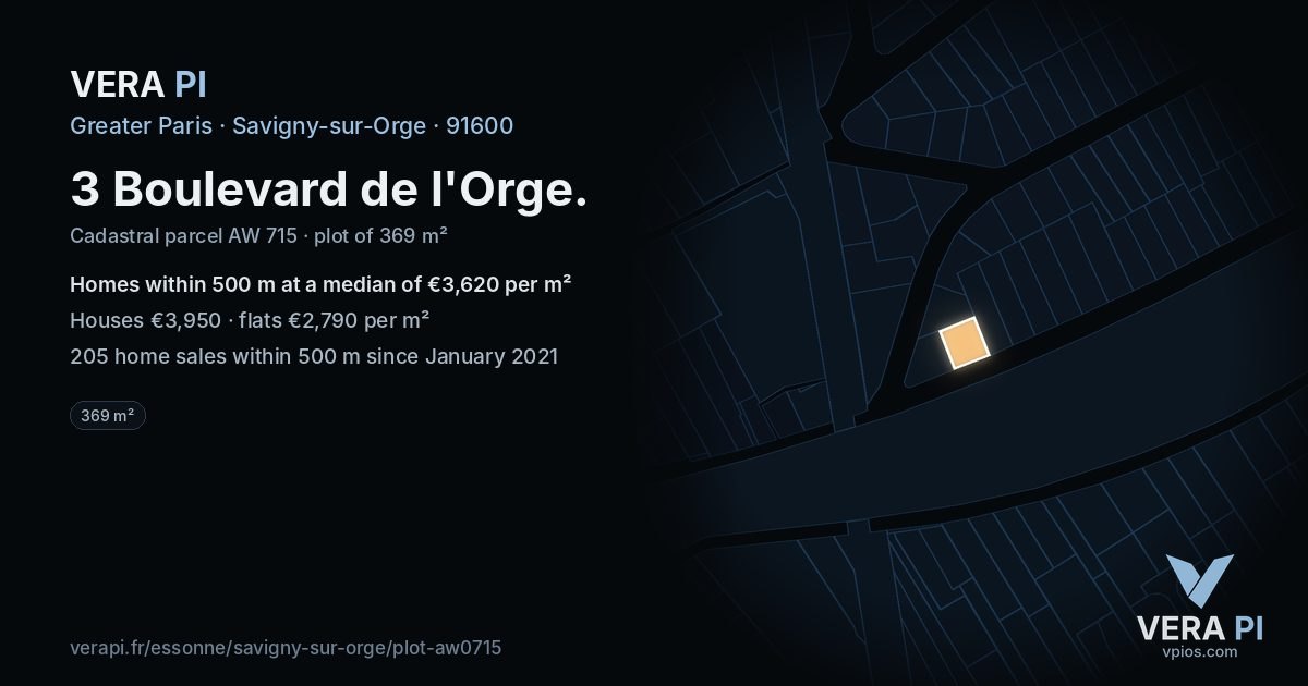 3 Boulevard de l'Orge, Savigny-sur-Orge at night – the plot lit, the parcels around coloured by the prices near them