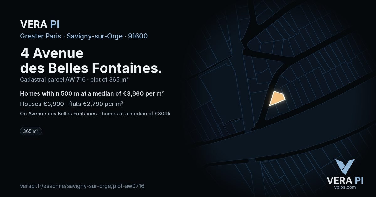 4 Avenue des Belles Fontaines, Savigny-sur-Orge at night – the plot lit, the parcels around coloured by the prices near them