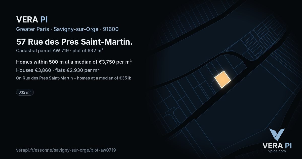 57 Rue des Pres Saint-Martin, Savigny-sur-Orge at night – the plot lit, the parcels around coloured by the prices near them
