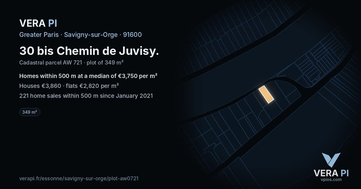 30 bis Chemin de Juvisy, Savigny-sur-Orge at night – the plot lit, the parcels around coloured by the prices near them