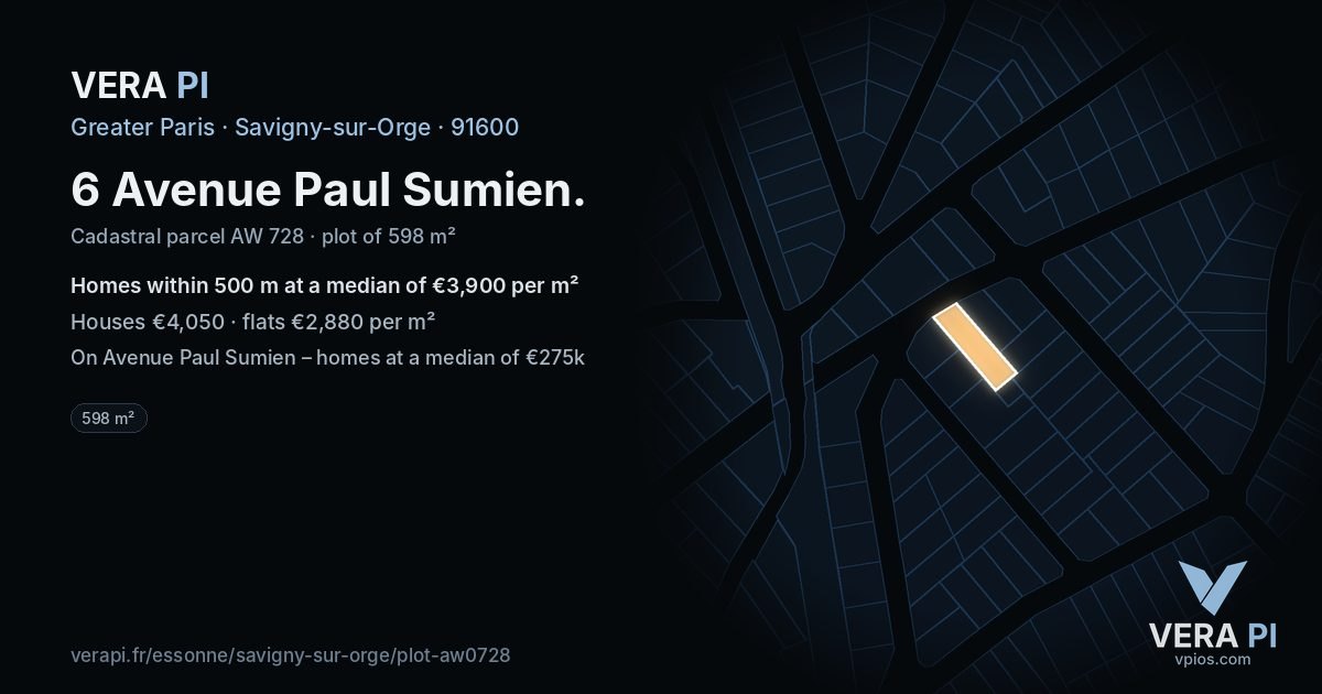 6 Avenue Paul Sumien, Savigny-sur-Orge at night – the plot lit, the parcels around coloured by the prices near them
