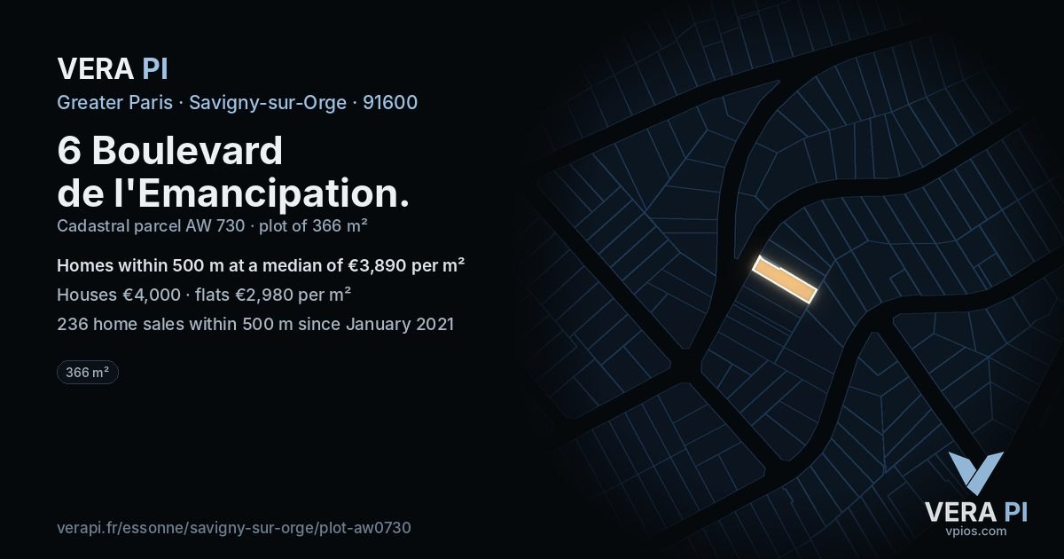 6 Boulevard de l'Emancipation, Savigny-sur-Orge at night – the plot lit, the parcels around coloured by the prices near them