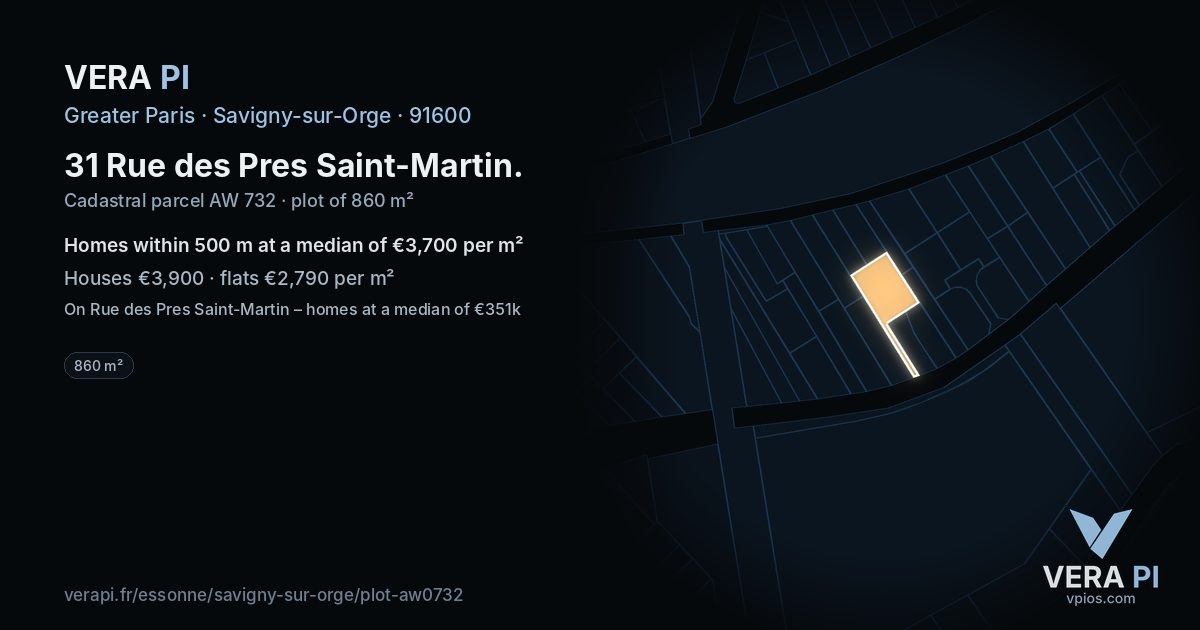31 Rue des Pres Saint-Martin, Savigny-sur-Orge at night – the plot lit, the parcels around coloured by the prices near them