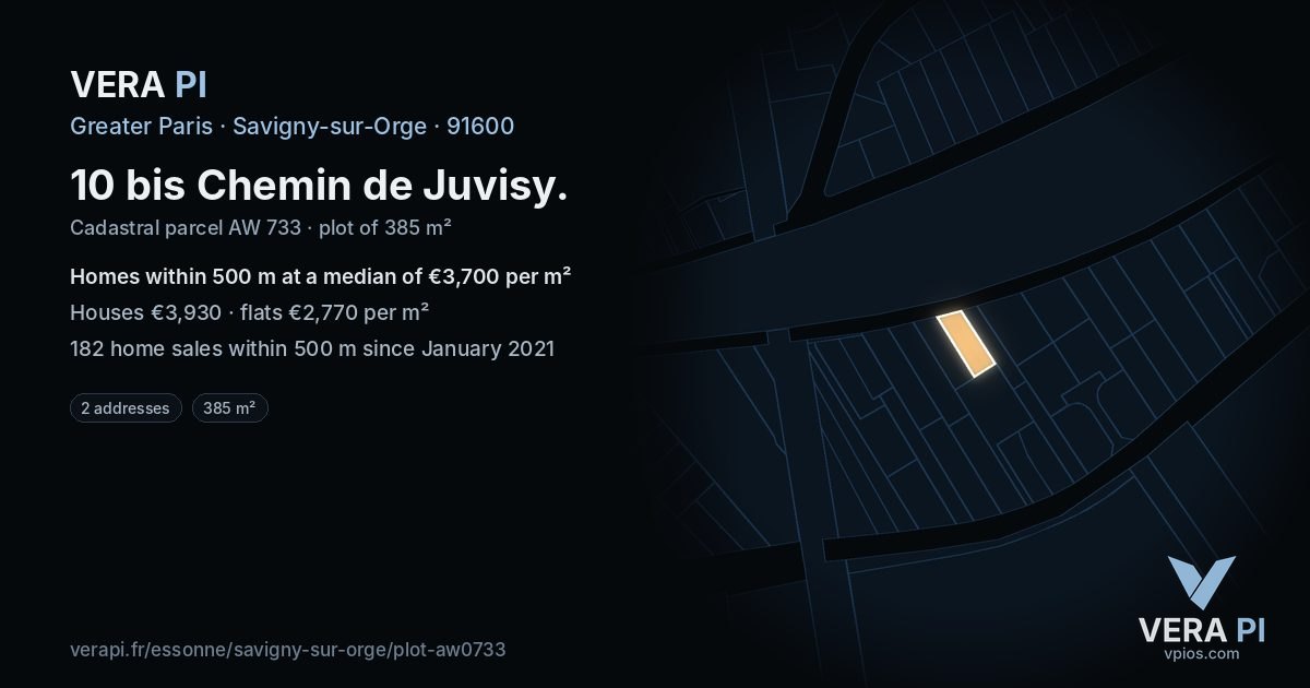 10 bis Chemin de Juvisy, Savigny-sur-Orge at night – the plot lit, the parcels around coloured by the prices near them