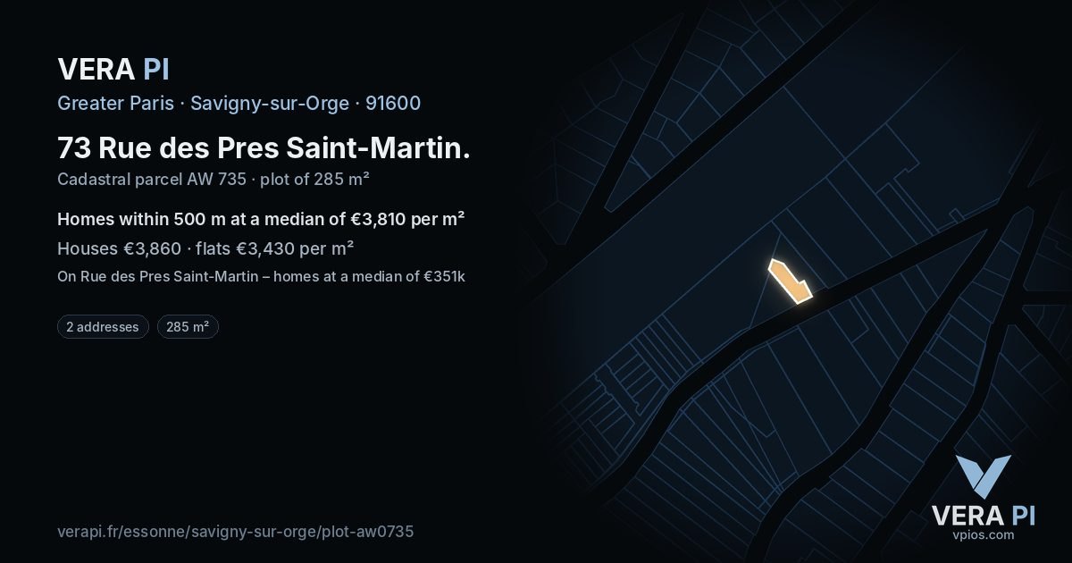 73 Rue des Pres Saint-Martin, Savigny-sur-Orge at night – the plot lit, the parcels around coloured by the prices near them