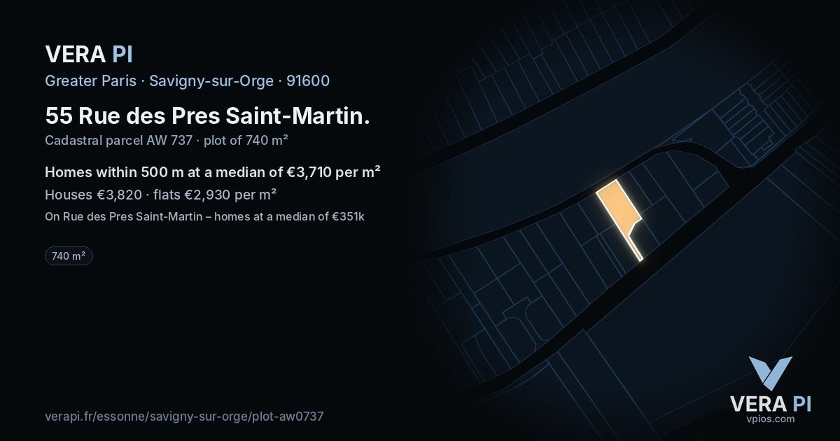 55 Rue des Pres Saint-Martin, Savigny-sur-Orge at night – the plot lit, the parcels around coloured by the prices near them