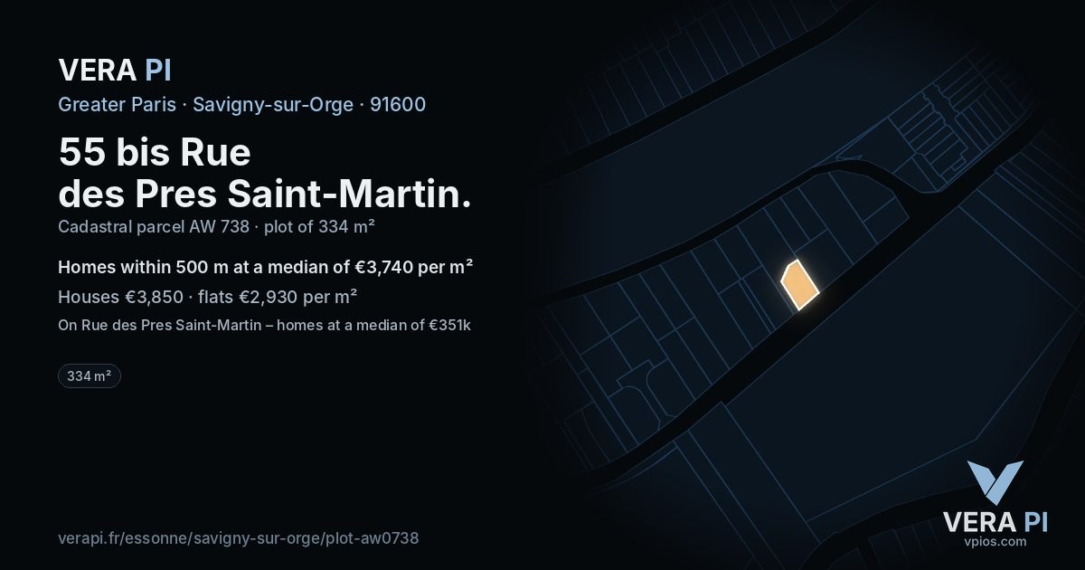 55 bis Rue des Pres Saint-Martin, Savigny-sur-Orge at night – the plot lit, the parcels around coloured by the prices near them