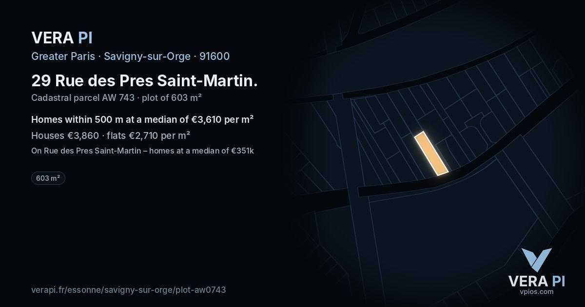29 Rue des Pres Saint-Martin, Savigny-sur-Orge at night – the plot lit, the parcels around coloured by the prices near them