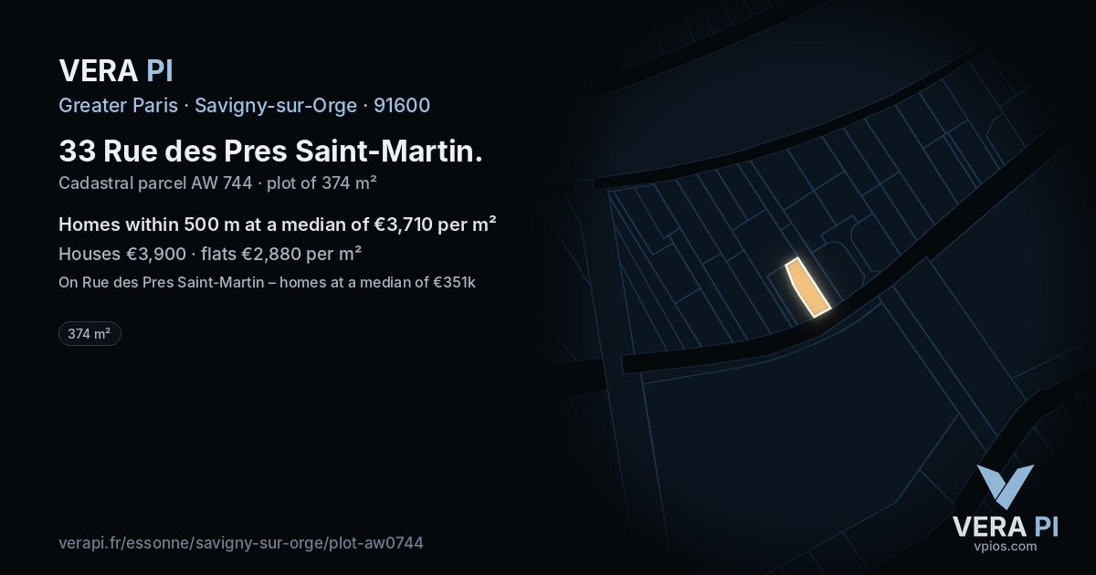 33 Rue des Pres Saint-Martin, Savigny-sur-Orge at night – the plot lit, the parcels around coloured by the prices near them