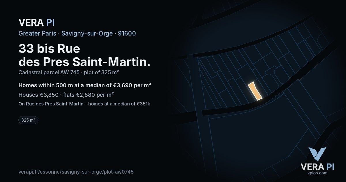 33 bis Rue des Pres Saint-Martin, Savigny-sur-Orge at night – the plot lit, the parcels around coloured by the prices near them