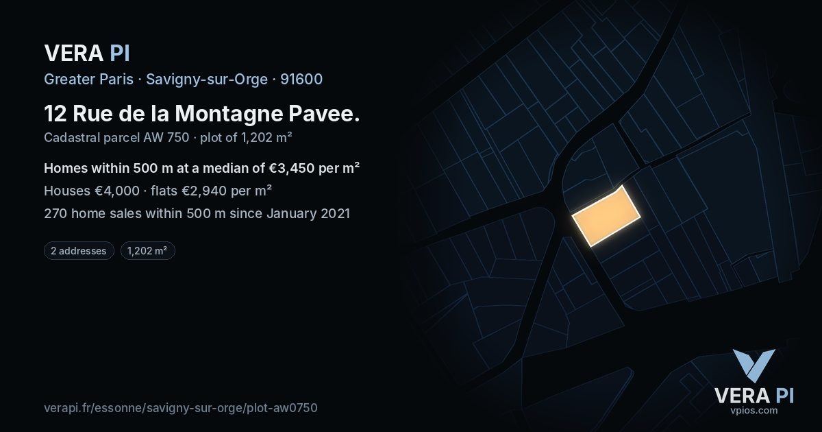 12 Rue de la Montagne Pavee, Savigny-sur-Orge at night – the plot lit, the parcels around coloured by the prices near them
