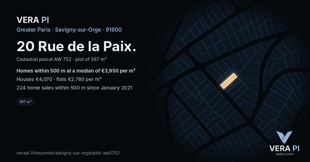 20 Rue de la Paix, Savigny-sur-Orge at night – the plot lit, the parcels around coloured by the prices near them