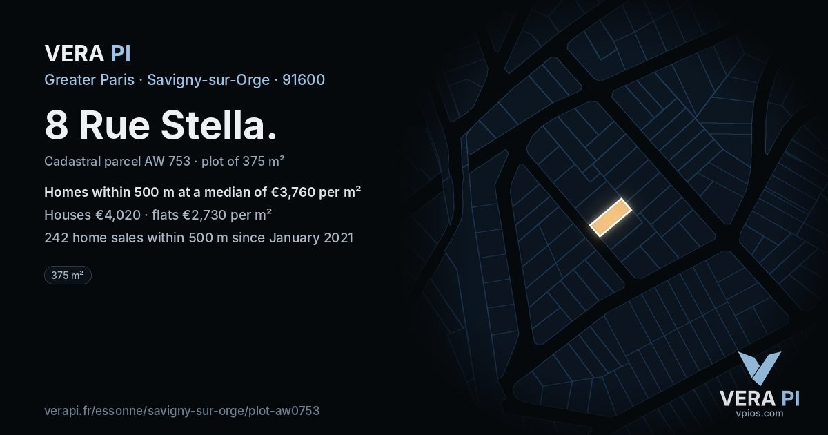 8 Rue Stella, Savigny-sur-Orge at night – the plot lit, the parcels around coloured by the prices near them
