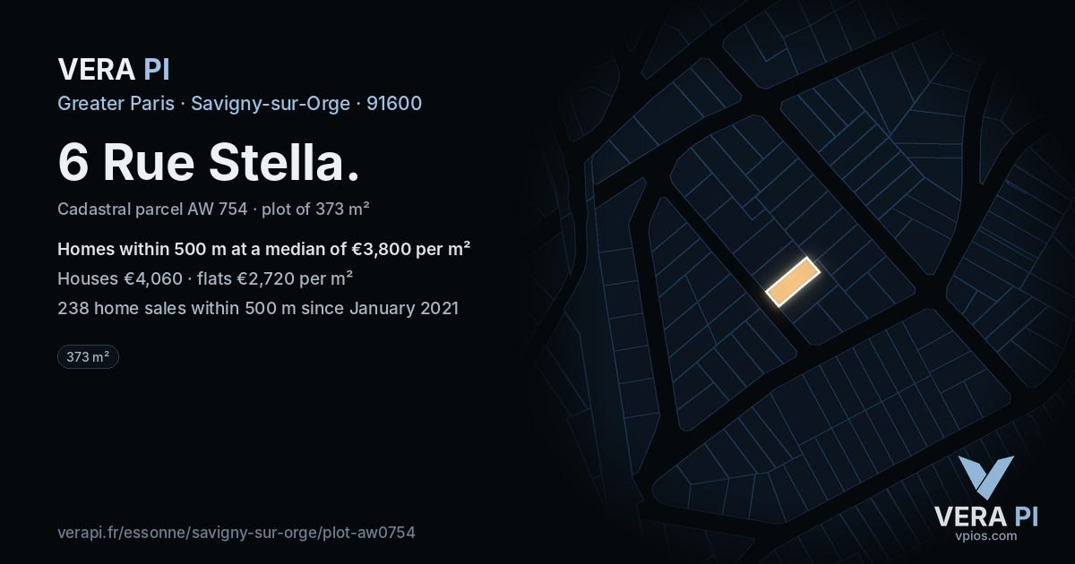 6 Rue Stella, Savigny-sur-Orge at night – the plot lit, the parcels around coloured by the prices near them