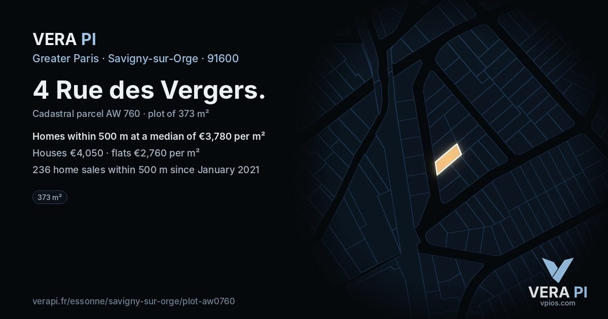 4 Rue des Vergers, Savigny-sur-Orge at night – the plot lit, the parcels around coloured by the prices near them