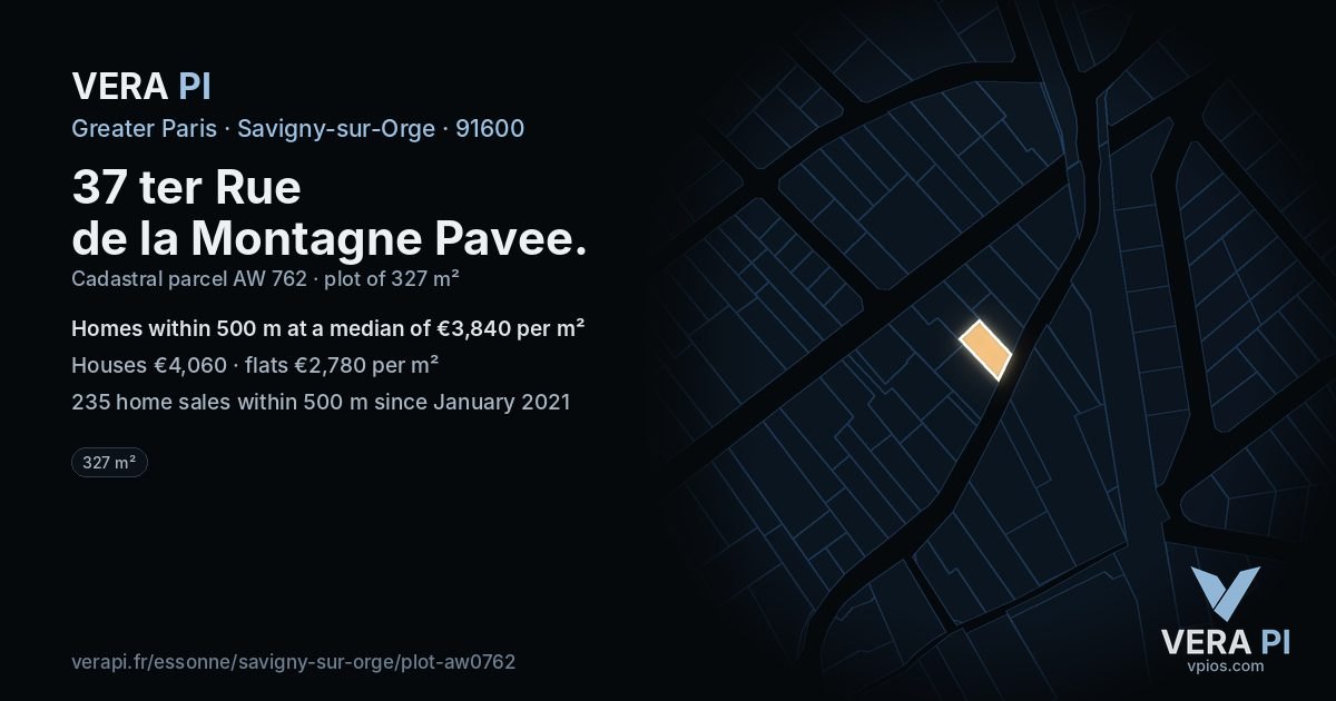 37 ter Rue de la Montagne Pavee, Savigny-sur-Orge at night – the plot lit, the parcels around coloured by the prices near them