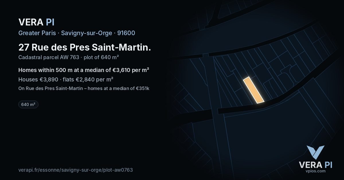27 Rue des Pres Saint-Martin, Savigny-sur-Orge at night – the plot lit, the parcels around coloured by the prices near them