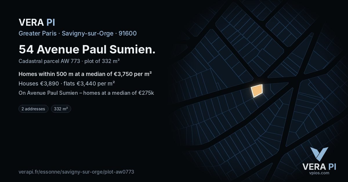 54 Avenue Paul Sumien, Savigny-sur-Orge at night – the plot lit, the parcels around coloured by the prices near them