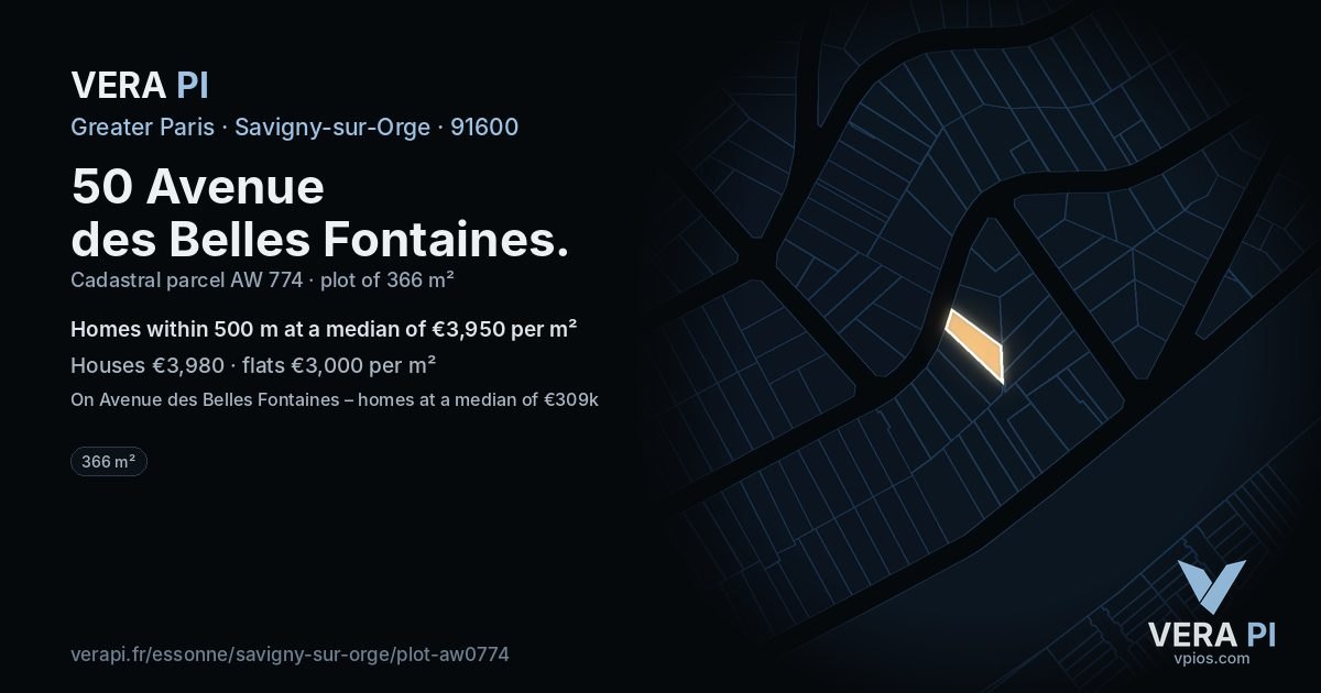 50 Avenue des Belles Fontaines, Savigny-sur-Orge at night – the plot lit, the parcels around coloured by the prices near them