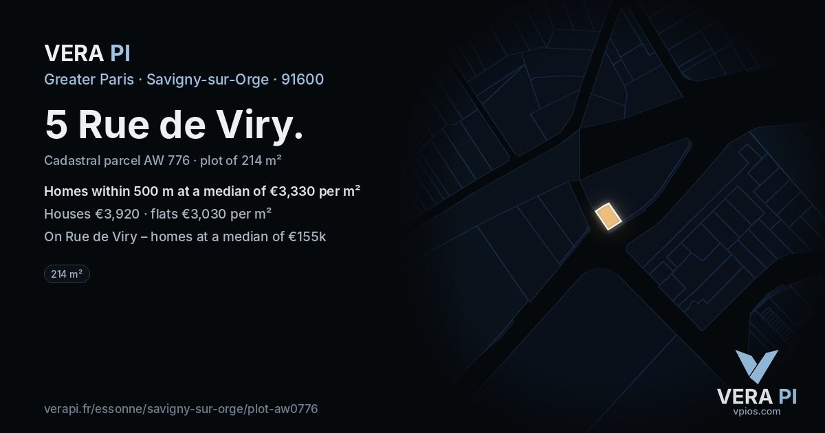 5 Rue de Viry, Savigny-sur-Orge at night – the plot lit, the parcels around coloured by the prices near them