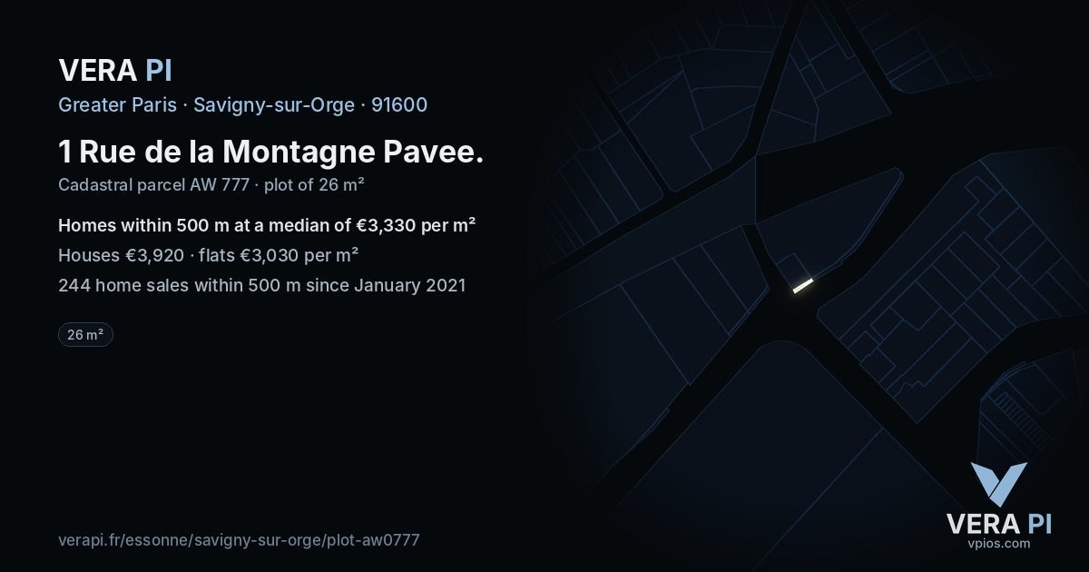 1 Rue de la Montagne Pavee, Savigny-sur-Orge at night – the plot lit, the parcels around coloured by the prices near them