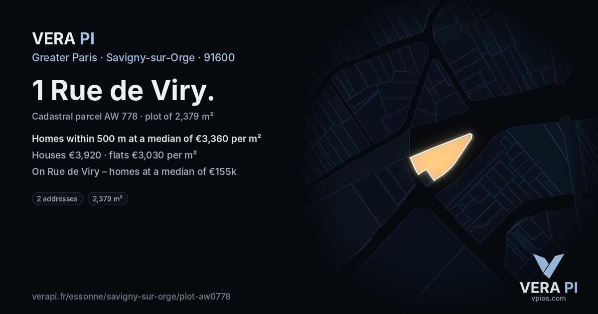 1 Rue de Viry, Savigny-sur-Orge at night – the plot lit, the parcels around coloured by the prices near them