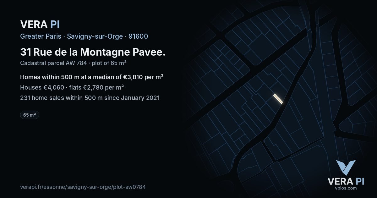 31 Rue de la Montagne Pavee, Savigny-sur-Orge at night – the plot lit, the parcels around coloured by the prices near them