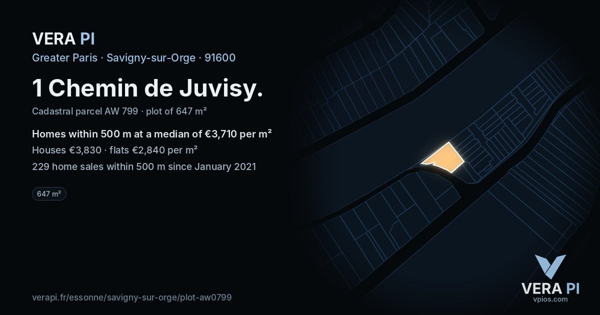 1 Chemin de Juvisy, Savigny-sur-Orge at night – the plot lit, the parcels around coloured by the prices near them
