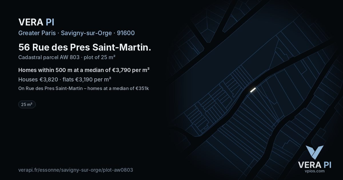 56 Rue des Pres Saint-Martin, Savigny-sur-Orge at night – the plot lit, the parcels around coloured by the prices near them