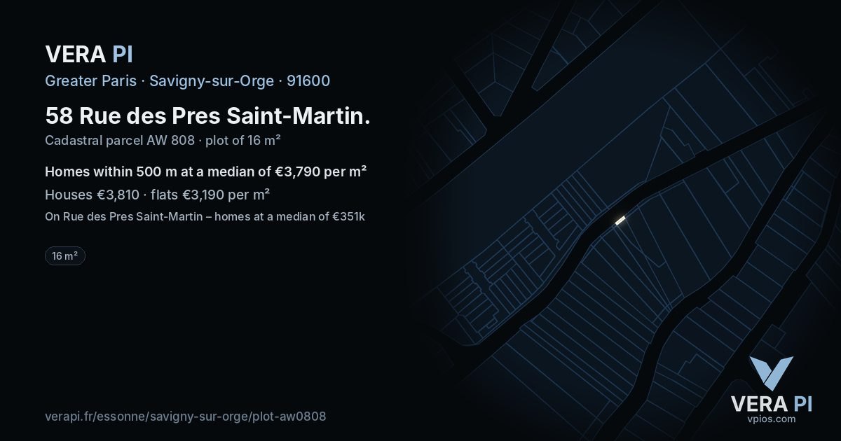 58 Rue des Pres Saint-Martin, Savigny-sur-Orge at night – the plot lit, the parcels around coloured by the prices near them