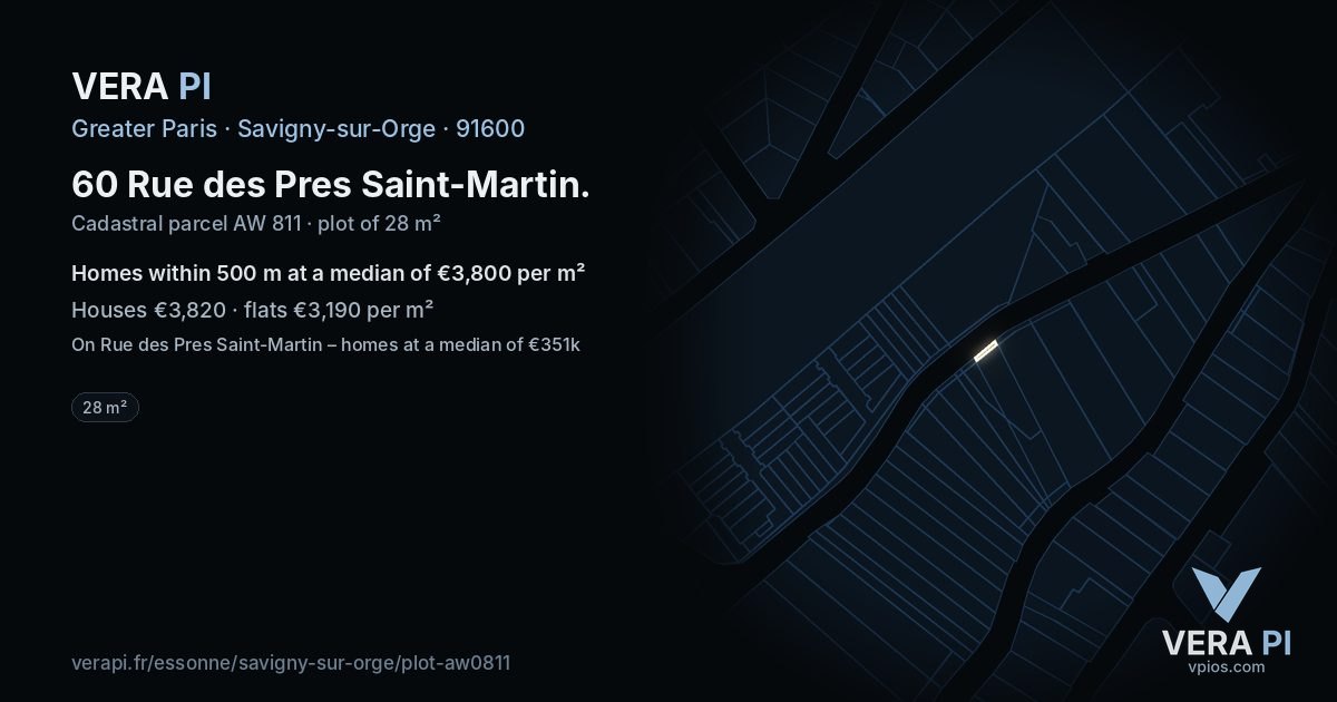 60 Rue des Pres Saint-Martin, Savigny-sur-Orge at night – the plot lit, the parcels around coloured by the prices near them
