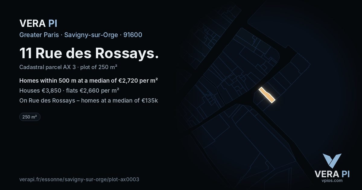 11 Rue des Rossays, Savigny-sur-Orge at night – the plot lit, the parcels around coloured by the prices near them
