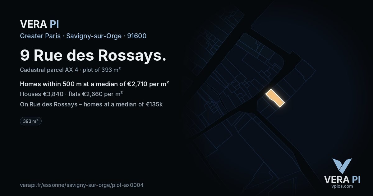 9 Rue des Rossays, Savigny-sur-Orge at night – the plot lit, the parcels around coloured by the prices near them